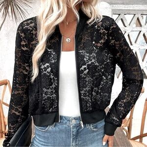 WHITE HOUSE BLACK MARKET Black Floral Lace Zip Front Bomber Jacket Size Small